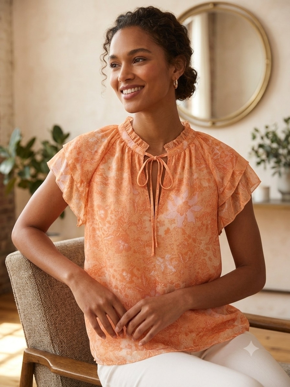 House of Harlow 1960 Peach-Orange Floral Tie-Neck Ruffle Top